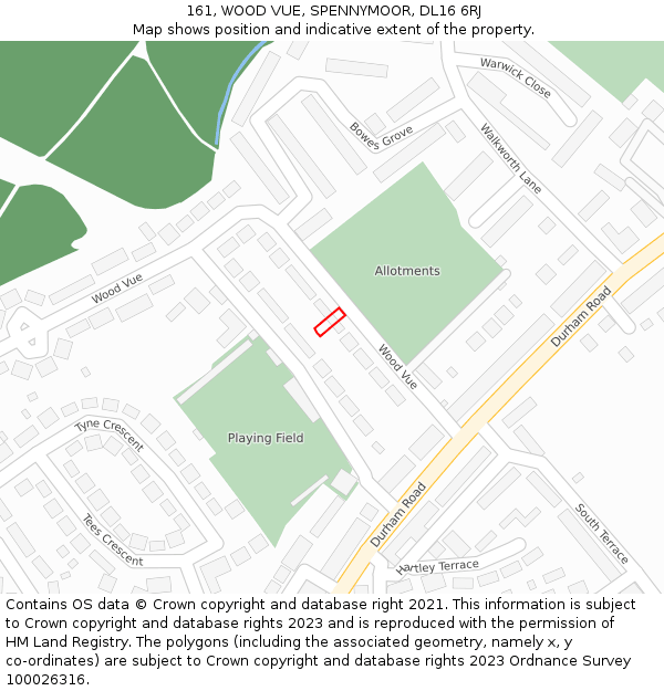 161, WOOD VUE, SPENNYMOOR, DL16 6RJ: Location map and indicative extent of plot