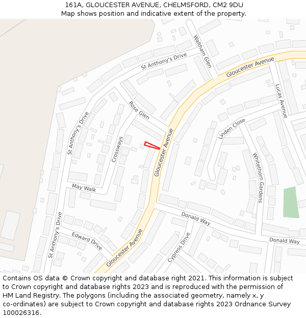 161A, GLOUCESTER AVENUE, CHELMSFORD, CM2 9DU: Location map and indicative extent of plot