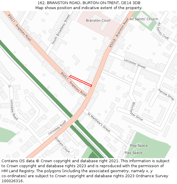 162, BRANSTON ROAD, BURTON-ON-TRENT, DE14 3DB: Location map and indicative extent of plot