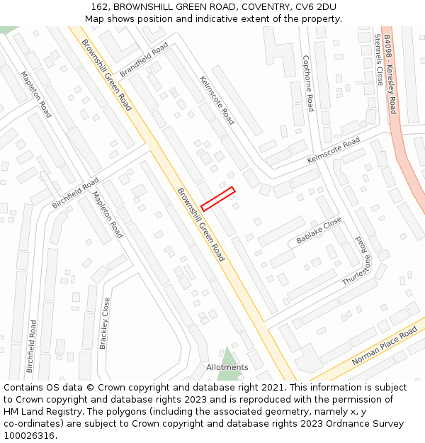 162, BROWNSHILL GREEN ROAD, COVENTRY, CV6 2DU: Location map and indicative extent of plot