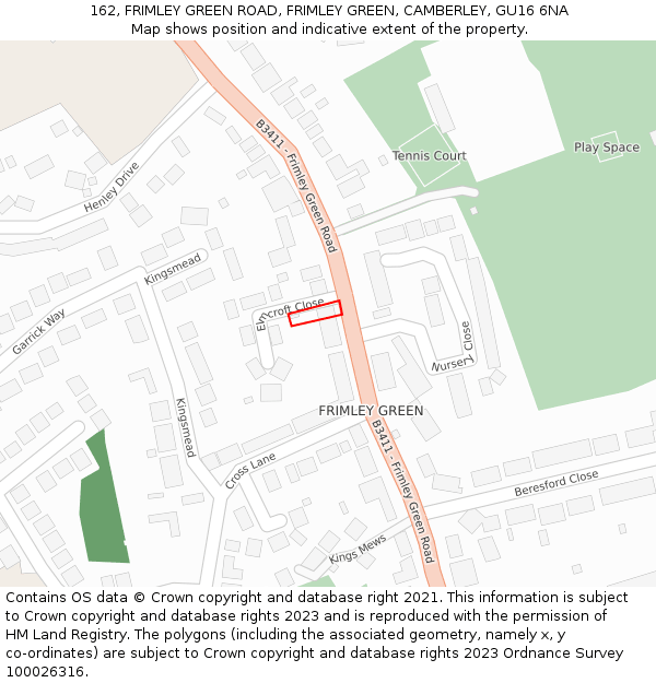 162, FRIMLEY GREEN ROAD, FRIMLEY GREEN, CAMBERLEY, GU16 6NA: Location map and indicative extent of plot