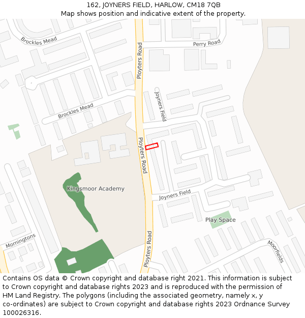 162, JOYNERS FIELD, HARLOW, CM18 7QB: Location map and indicative extent of plot