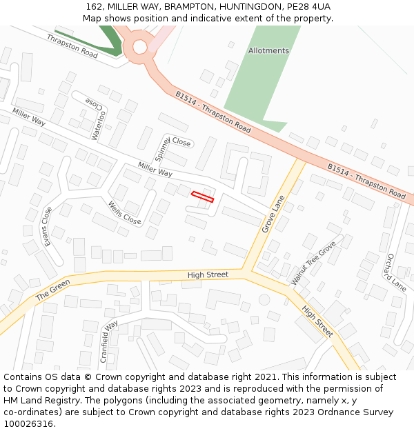 162, MILLER WAY, BRAMPTON, HUNTINGDON, PE28 4UA: Location map and indicative extent of plot
