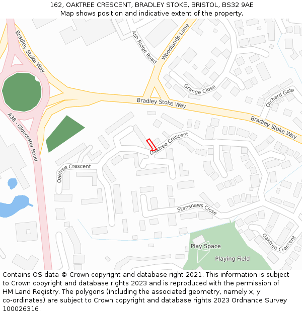 162, OAKTREE CRESCENT, BRADLEY STOKE, BRISTOL, BS32 9AE: Location map and indicative extent of plot