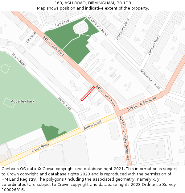 163, ASH ROAD, BIRMINGHAM, B8 1DR: Location map and indicative extent of plot