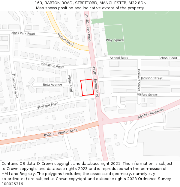 163, BARTON ROAD, STRETFORD, MANCHESTER, M32 8DN: Location map and indicative extent of plot
