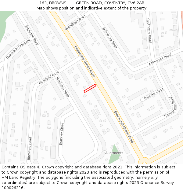 163, BROWNSHILL GREEN ROAD, COVENTRY, CV6 2AR: Location map and indicative extent of plot
