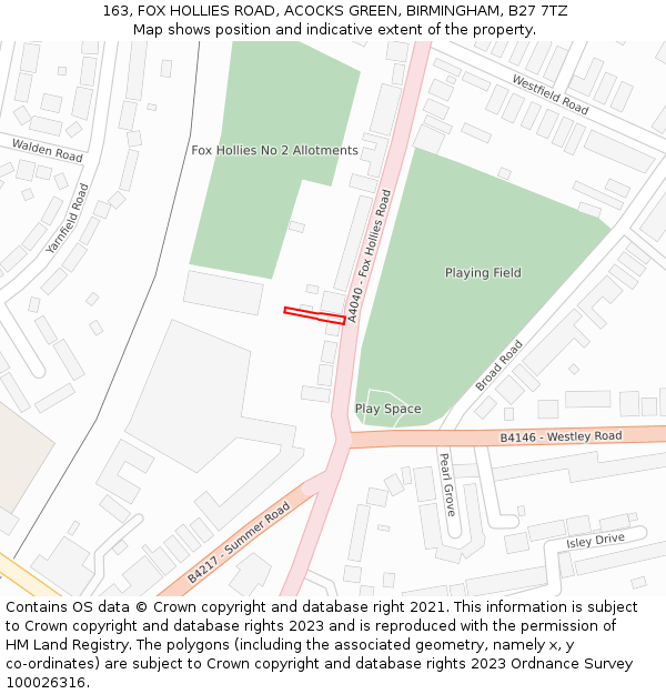 163, FOX HOLLIES ROAD, ACOCKS GREEN, BIRMINGHAM, B27 7TZ: Location map and indicative extent of plot