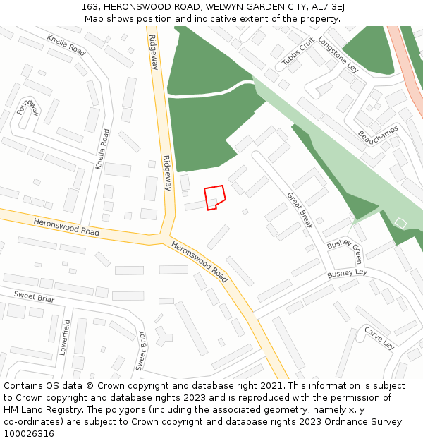 163, HERONSWOOD ROAD, WELWYN GARDEN CITY, AL7 3EJ: Location map and indicative extent of plot