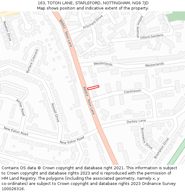 163, TOTON LANE, STAPLEFORD, NOTTINGHAM, NG9 7JD: Location map and indicative extent of plot