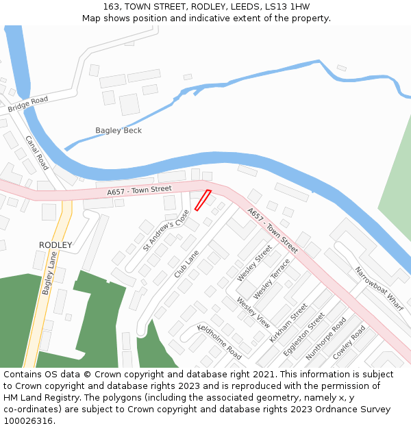 163, TOWN STREET, RODLEY, LEEDS, LS13 1HW: Location map and indicative extent of plot