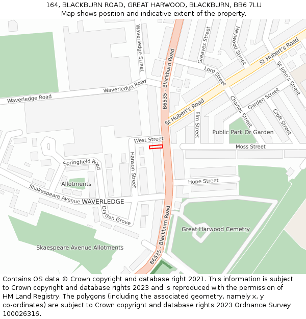 164, BLACKBURN ROAD, GREAT HARWOOD, BLACKBURN, BB6 7LU: Location map and indicative extent of plot