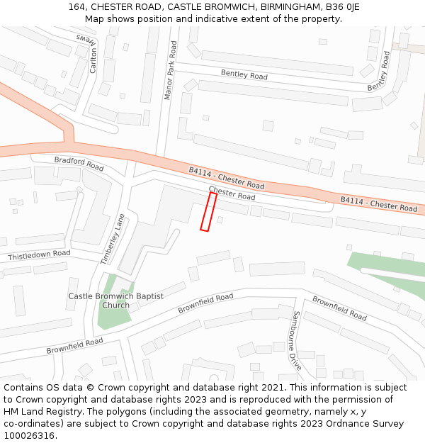 164, CHESTER ROAD, CASTLE BROMWICH, BIRMINGHAM, B36 0JE: Location map and indicative extent of plot