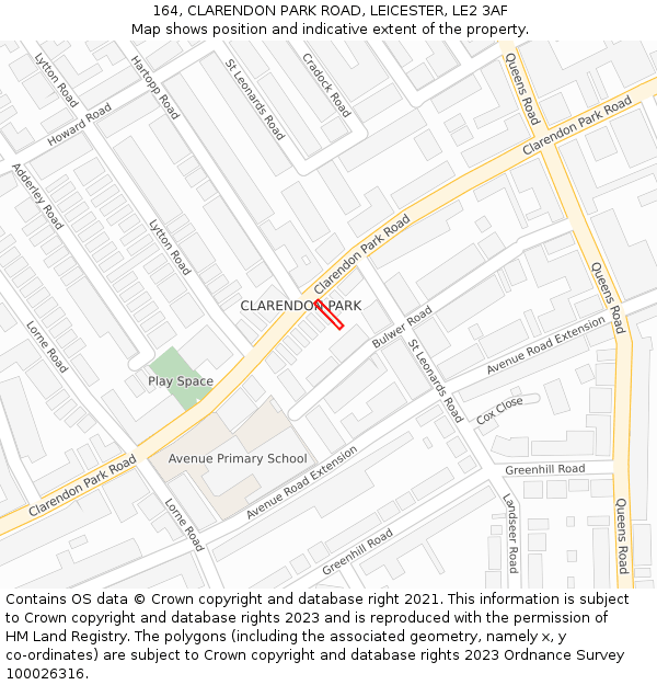164, CLARENDON PARK ROAD, LEICESTER, LE2 3AF: Location map and indicative extent of plot