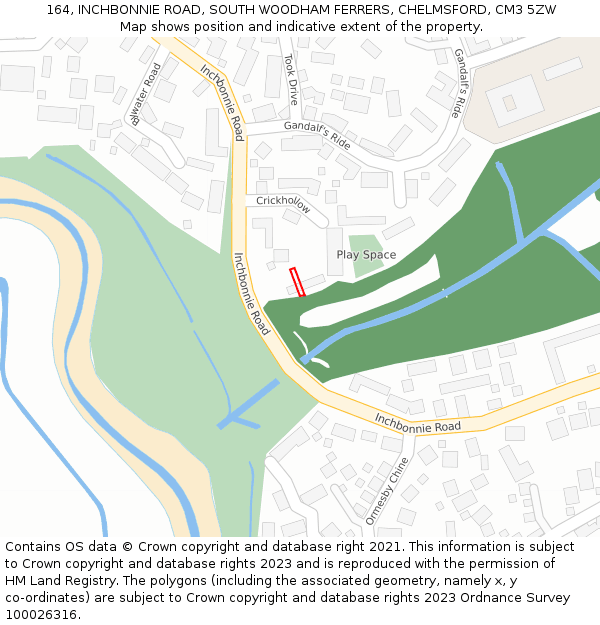 164, INCHBONNIE ROAD, SOUTH WOODHAM FERRERS, CHELMSFORD, CM3 5ZW: Location map and indicative extent of plot