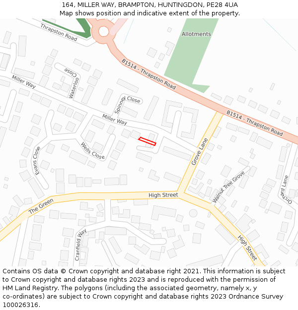 164, MILLER WAY, BRAMPTON, HUNTINGDON, PE28 4UA: Location map and indicative extent of plot