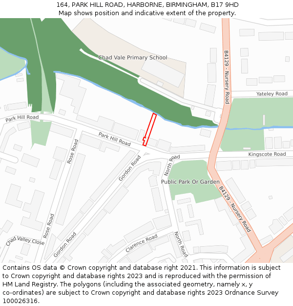 164, PARK HILL ROAD, HARBORNE, BIRMINGHAM, B17 9HD: Location map and indicative extent of plot