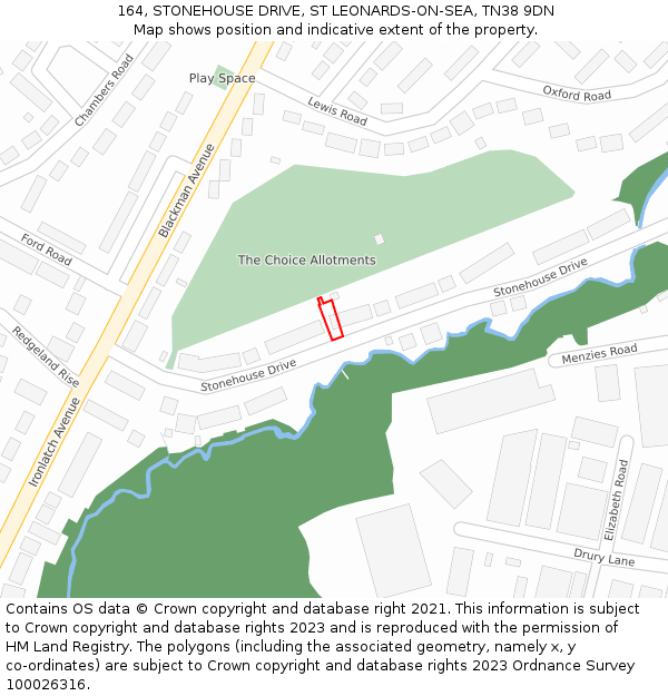 164, STONEHOUSE DRIVE, ST LEONARDS-ON-SEA, TN38 9DN: Location map and indicative extent of plot