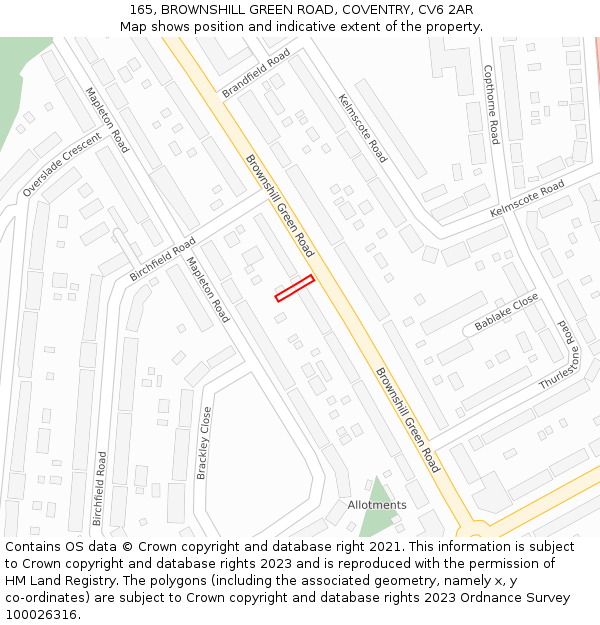 165, BROWNSHILL GREEN ROAD, COVENTRY, CV6 2AR: Location map and indicative extent of plot