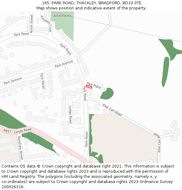 165, PARK ROAD, THACKLEY, BRADFORD, BD10 0TE: Location map and indicative extent of plot