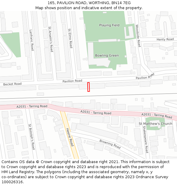 165, PAVILION ROAD, WORTHING, BN14 7EG: Location map and indicative extent of plot