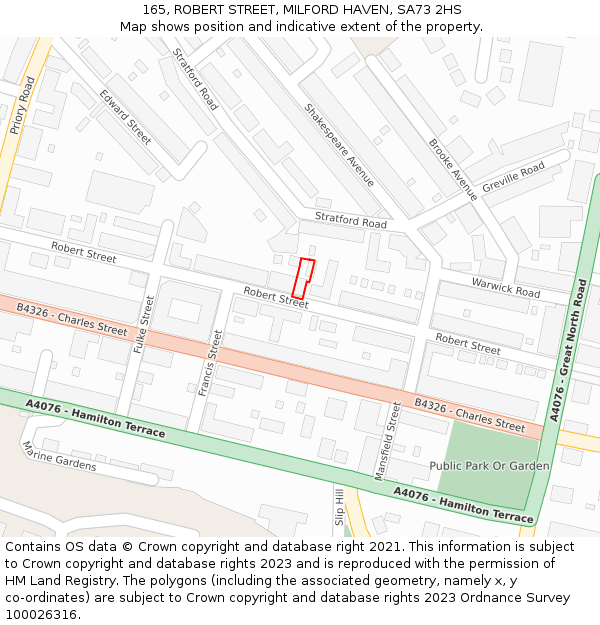 165, ROBERT STREET, MILFORD HAVEN, SA73 2HS: Location map and indicative extent of plot