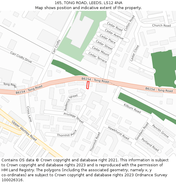 165, TONG ROAD, LEEDS, LS12 4NA: Location map and indicative extent of plot