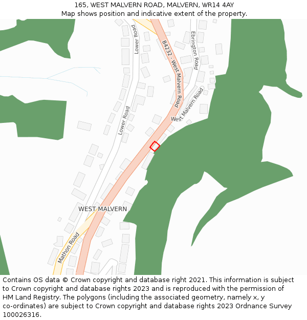165, WEST MALVERN ROAD, MALVERN, WR14 4AY: Location map and indicative extent of plot
