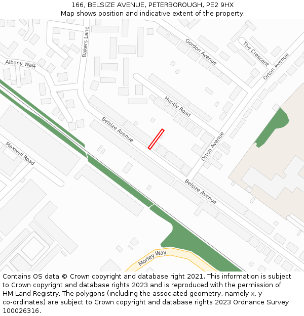 166, BELSIZE AVENUE, PETERBOROUGH, PE2 9HX: Location map and indicative extent of plot