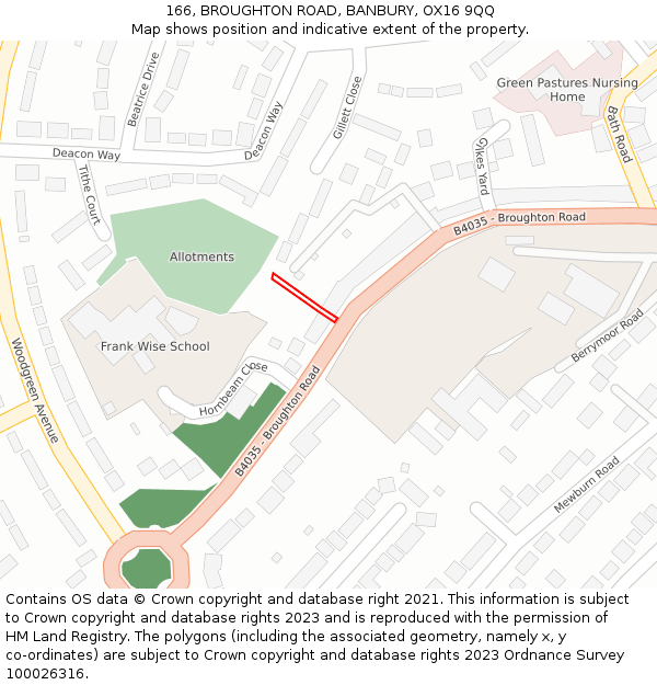 166, BROUGHTON ROAD, BANBURY, OX16 9QQ: Location map and indicative extent of plot