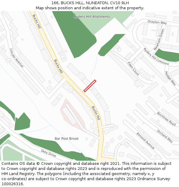 166, BUCKS HILL, NUNEATON, CV10 9LH: Location map and indicative extent of plot
