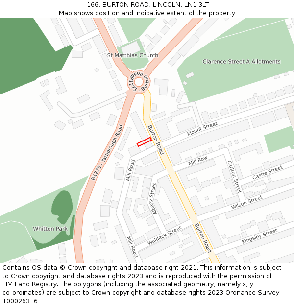166, BURTON ROAD, LINCOLN, LN1 3LT: Location map and indicative extent of plot