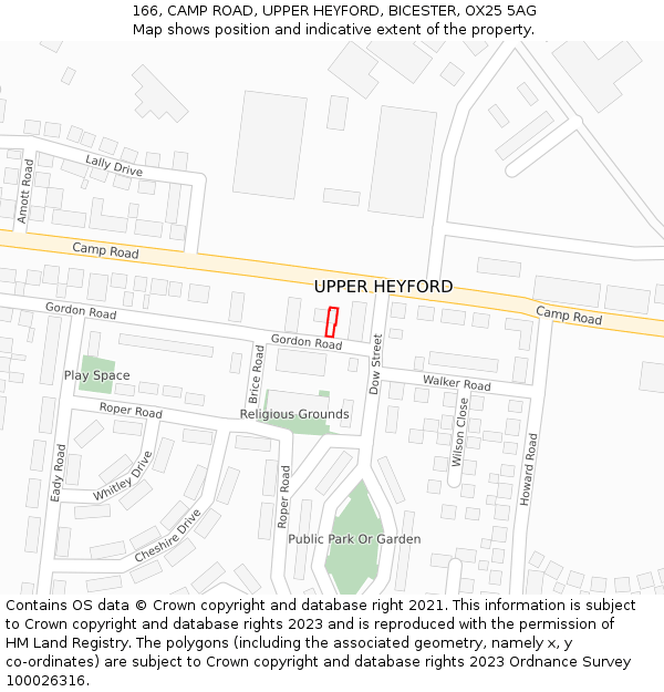 166, CAMP ROAD, UPPER HEYFORD, BICESTER, OX25 5AG: Location map and indicative extent of plot