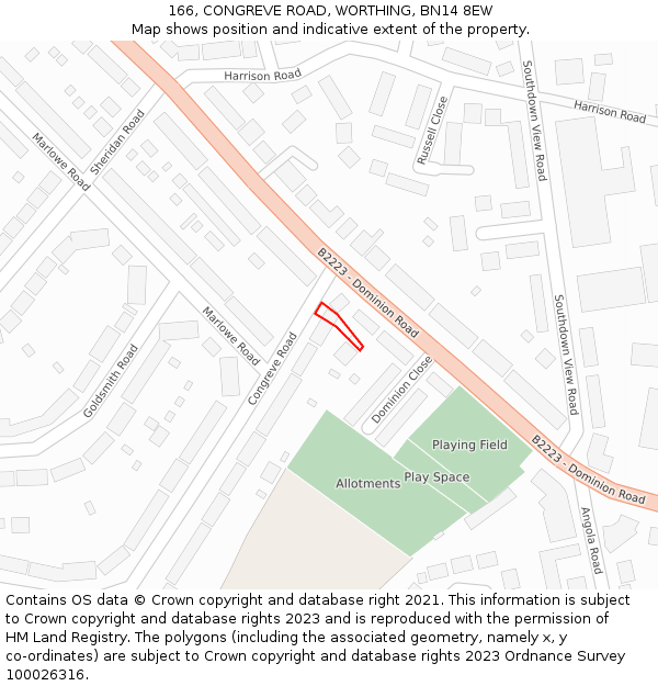 166, CONGREVE ROAD, WORTHING, BN14 8EW: Location map and indicative extent of plot