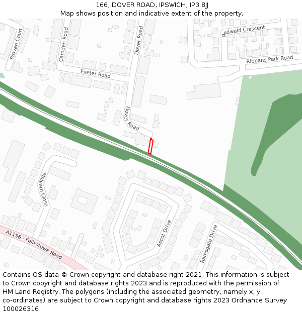 166, DOVER ROAD, IPSWICH, IP3 8JJ: Location map and indicative extent of plot