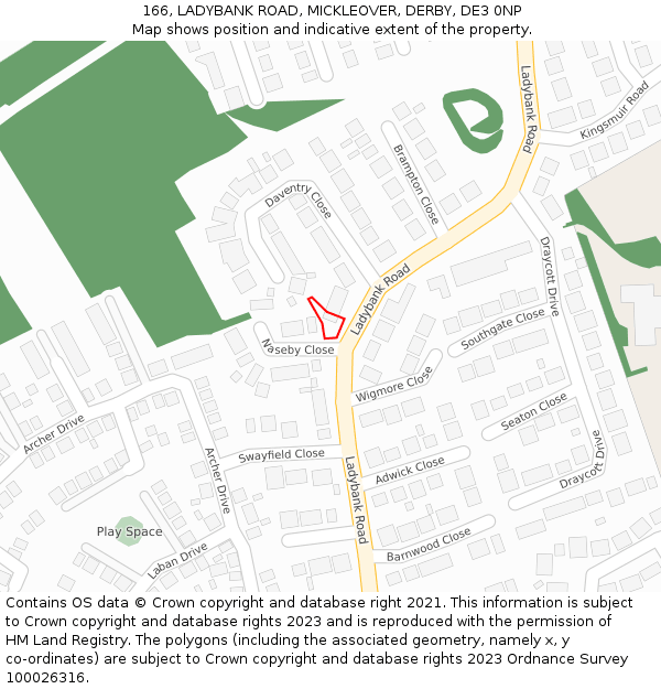 166, LADYBANK ROAD, MICKLEOVER, DERBY, DE3 0NP: Location map and indicative extent of plot