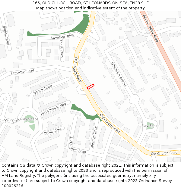 166, OLD CHURCH ROAD, ST LEONARDS-ON-SEA, TN38 9HD: Location map and indicative extent of plot