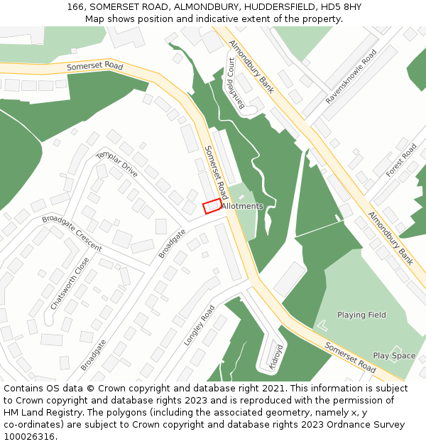 166, SOMERSET ROAD, ALMONDBURY, HUDDERSFIELD, HD5 8HY: Location map and indicative extent of plot