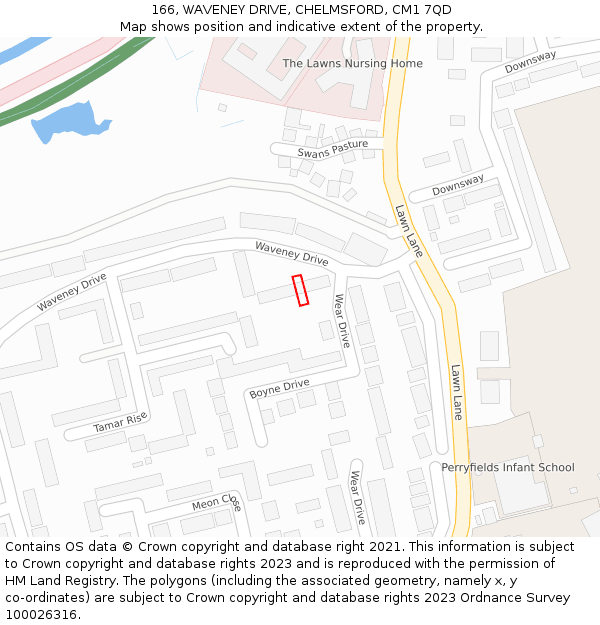 166, WAVENEY DRIVE, CHELMSFORD, CM1 7QD: Location map and indicative extent of plot