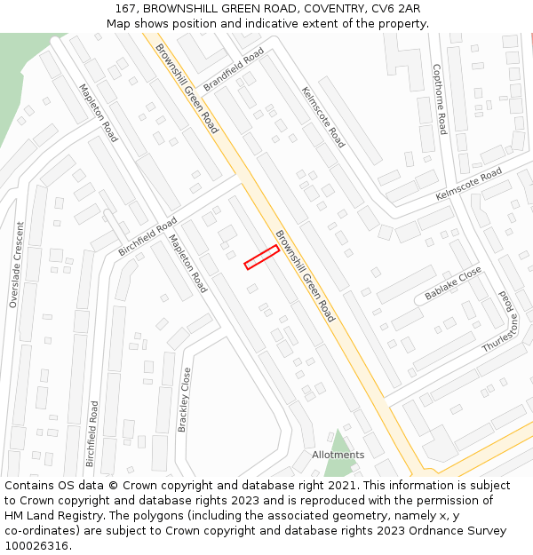 167, BROWNSHILL GREEN ROAD, COVENTRY, CV6 2AR: Location map and indicative extent of plot