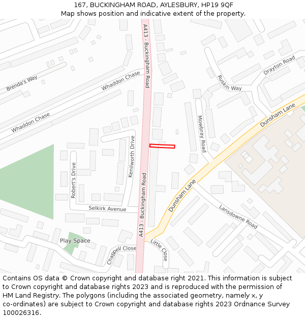 167, BUCKINGHAM ROAD, AYLESBURY, HP19 9QF: Location map and indicative extent of plot