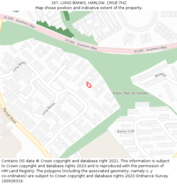 167, LONG BANKS, HARLOW, CM18 7NZ: Location map and indicative extent of plot
