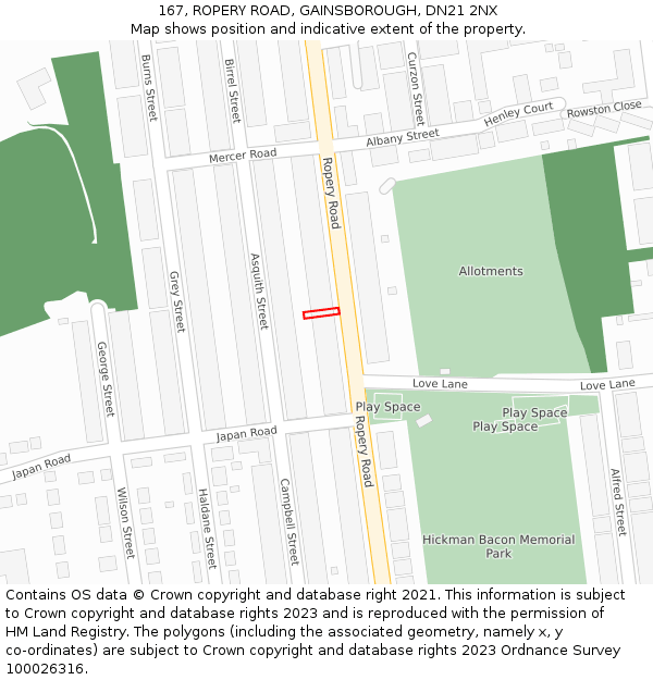 167, ROPERY ROAD, GAINSBOROUGH, DN21 2NX: Location map and indicative extent of plot