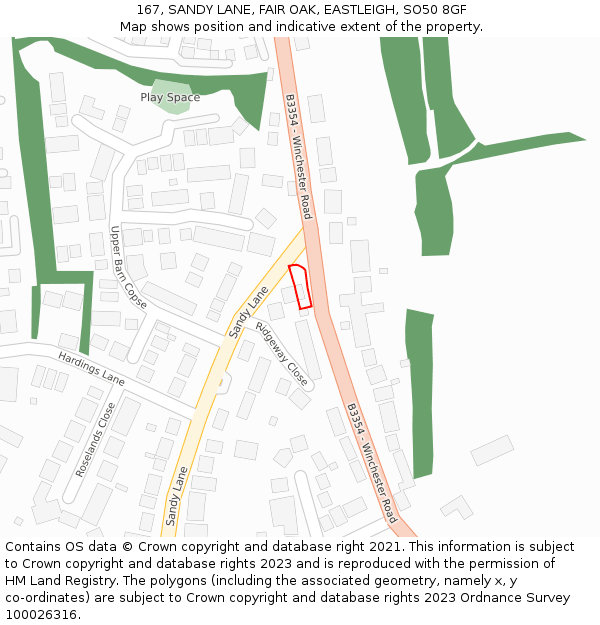 167, SANDY LANE, FAIR OAK, EASTLEIGH, SO50 8GF: Location map and indicative extent of plot