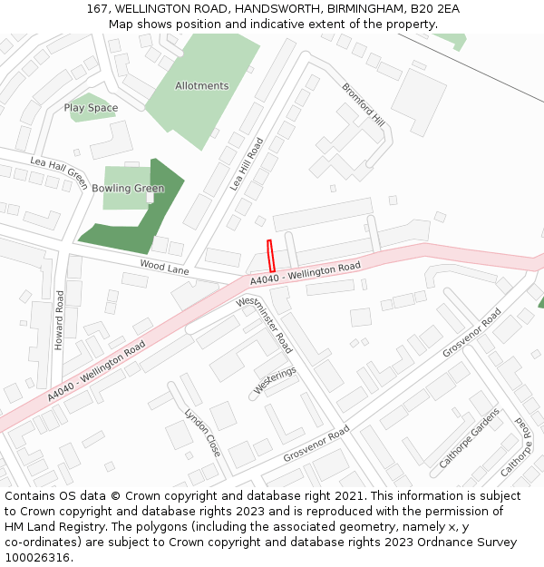 167, WELLINGTON ROAD, HANDSWORTH, BIRMINGHAM, B20 2EA: Location map and indicative extent of plot