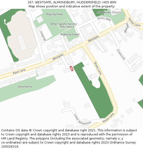 167, WESTGATE, ALMONDBURY, HUDDERSFIELD, HD5 8XN: Location map and indicative extent of plot