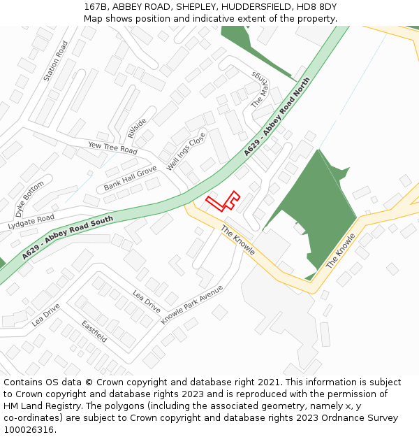 167B, ABBEY ROAD, SHEPLEY, HUDDERSFIELD, HD8 8DY: Location map and indicative extent of plot