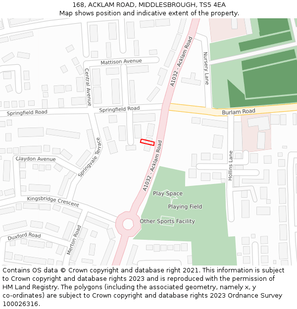 168, ACKLAM ROAD, MIDDLESBROUGH, TS5 4EA: Location map and indicative extent of plot