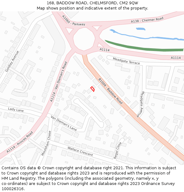 168, BADDOW ROAD, CHELMSFORD, CM2 9QW: Location map and indicative extent of plot