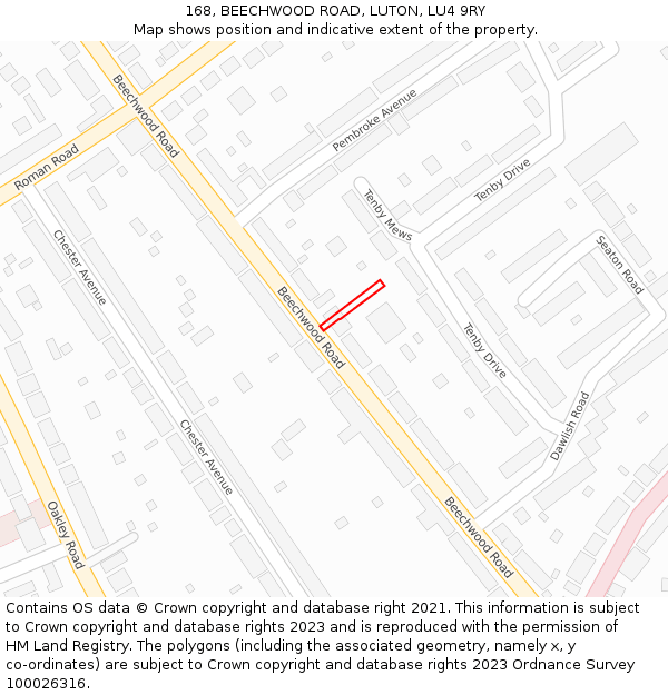 168, BEECHWOOD ROAD, LUTON, LU4 9RY: Location map and indicative extent of plot